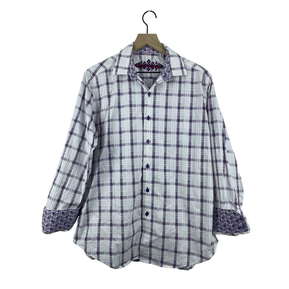 Robert Graham Men's Medium Classic Fit Plaid Paisley Contrast Cuff Button Up